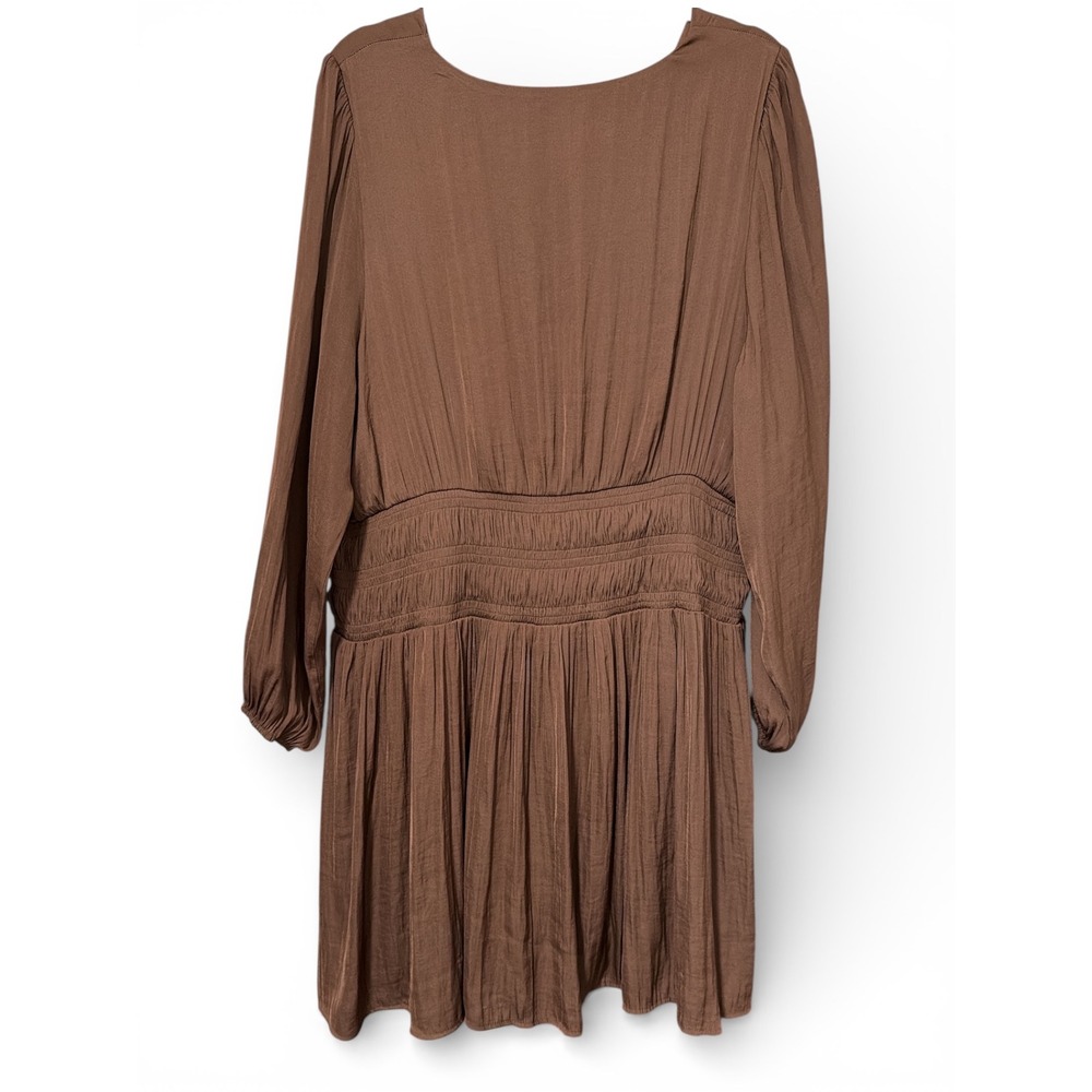 Nine West Womens Plus 2X Brown Smocked Waist V-Neck Long Sleeve Mini Dress - Picture 5 of 6